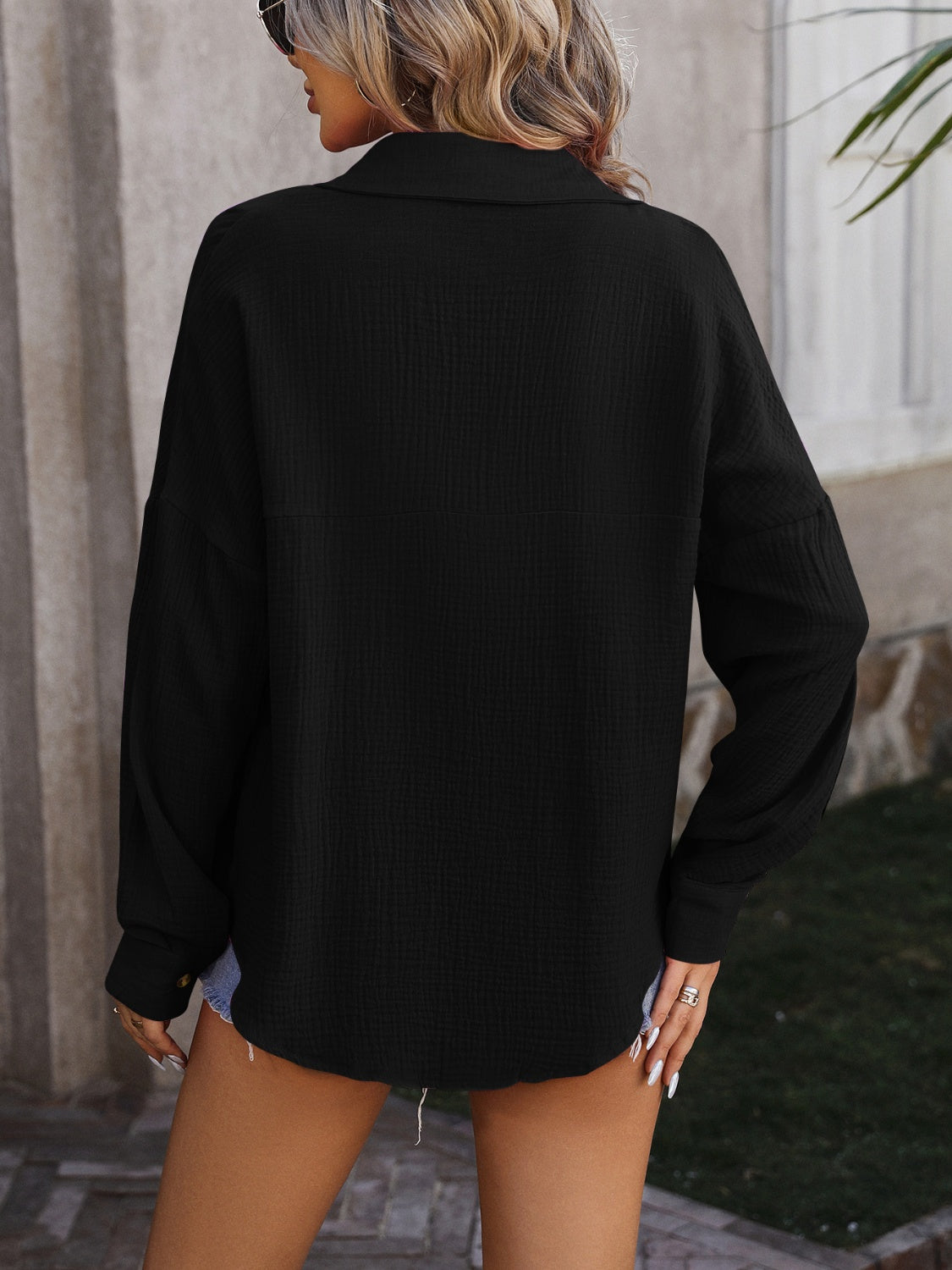 textured pocketed button up dropped shoulder shirt