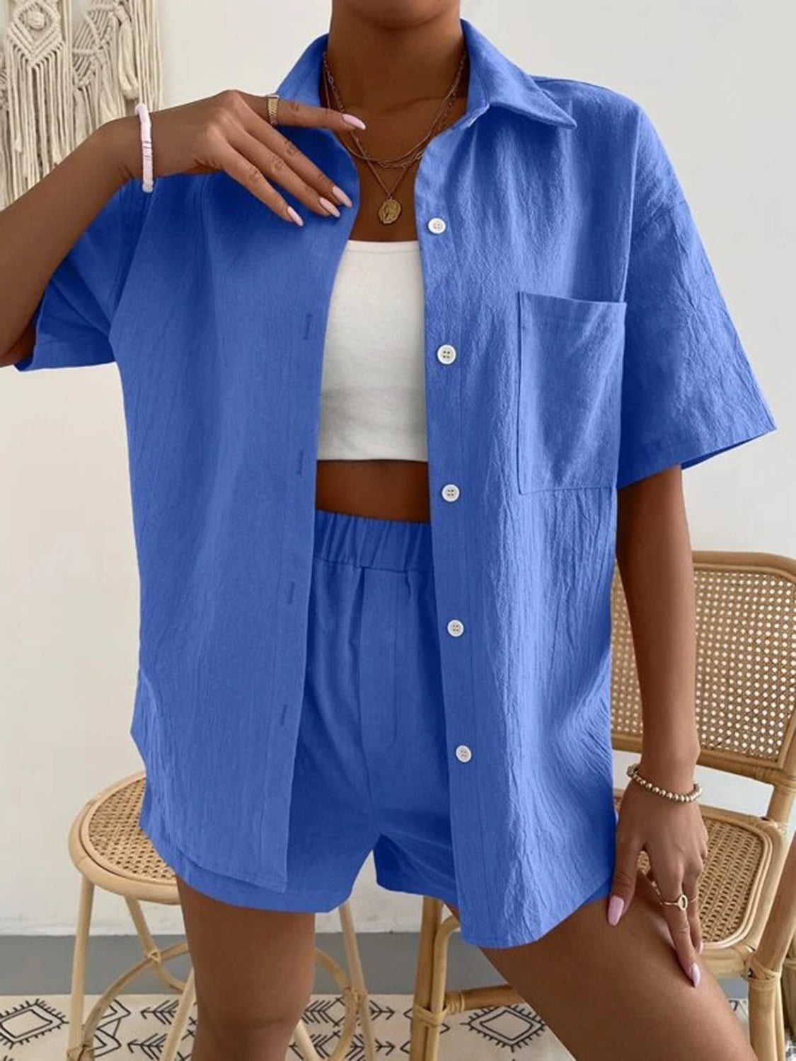 button up short sleeve shirt and shorts set