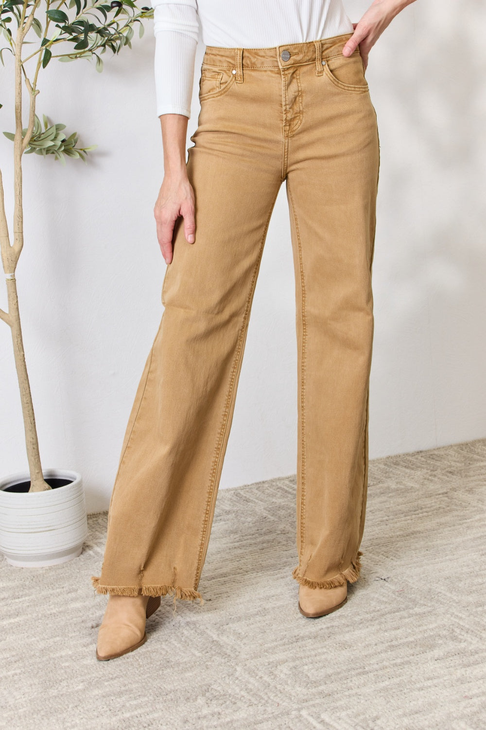 risen full size fringe hem wide leg jeans