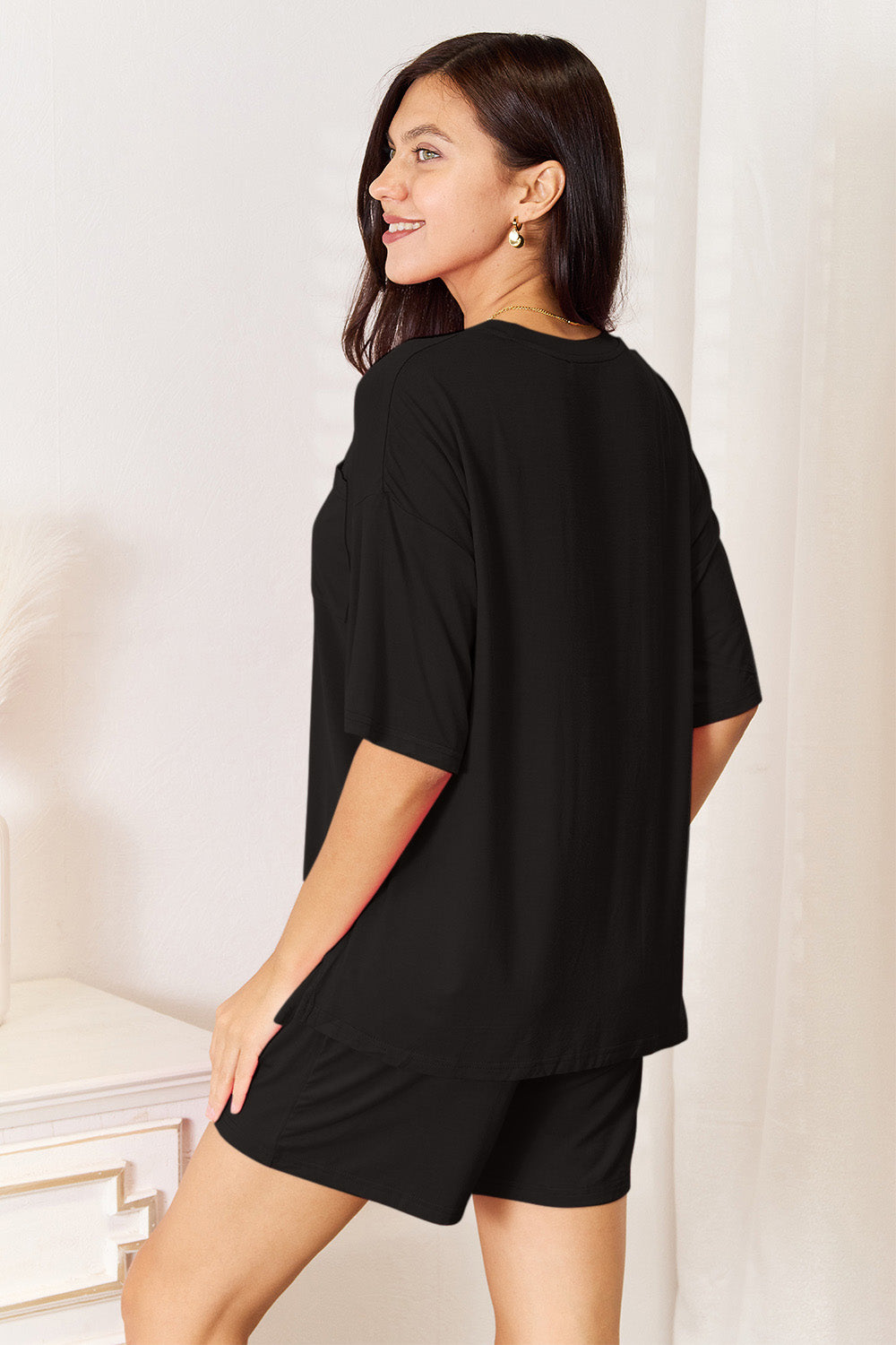 basic bae full size soft rayon half sleeve top and shorts set
