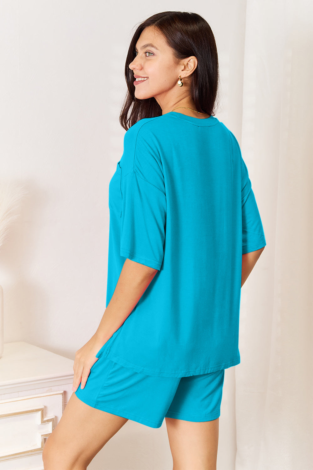 basic bae full size soft rayon half sleeve top and shorts set