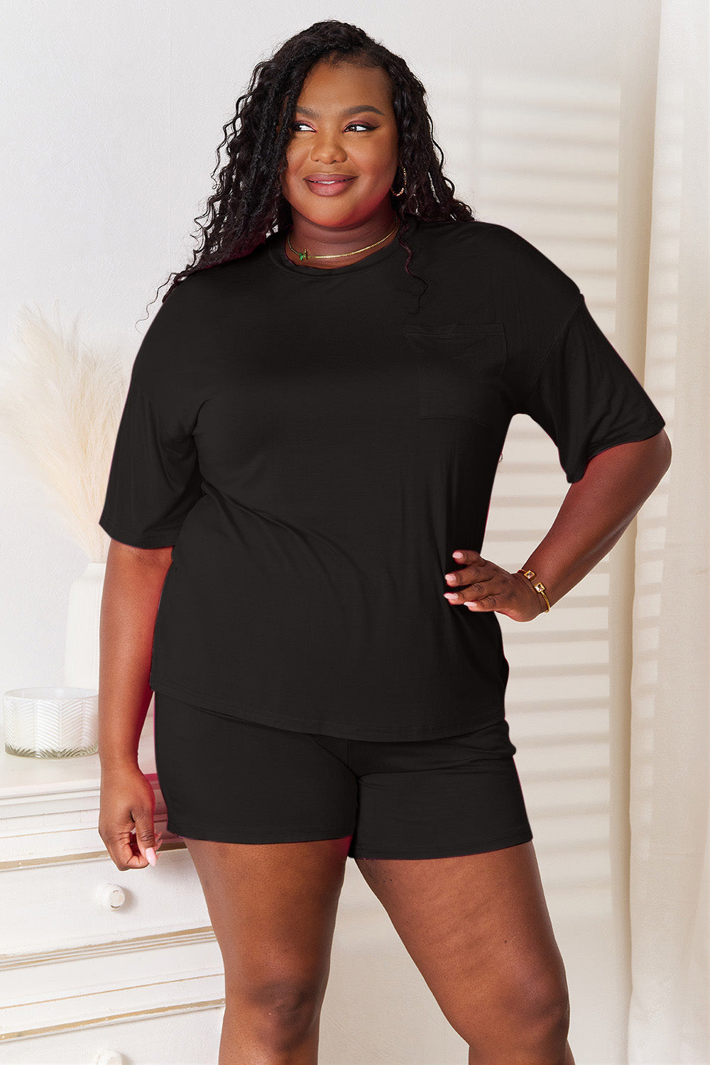 basic bae full size soft rayon half sleeve top and shorts set