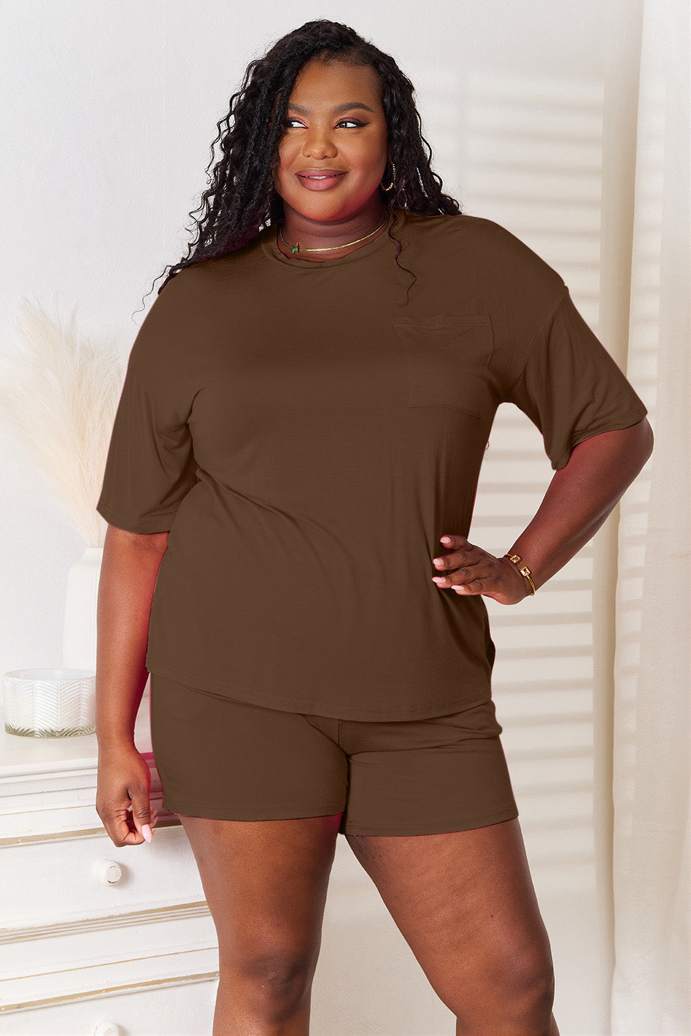 basic bae full size soft rayon half sleeve top and shorts set