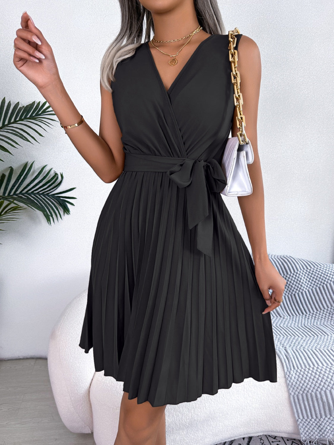 tied surplice sleeveless pleated dress