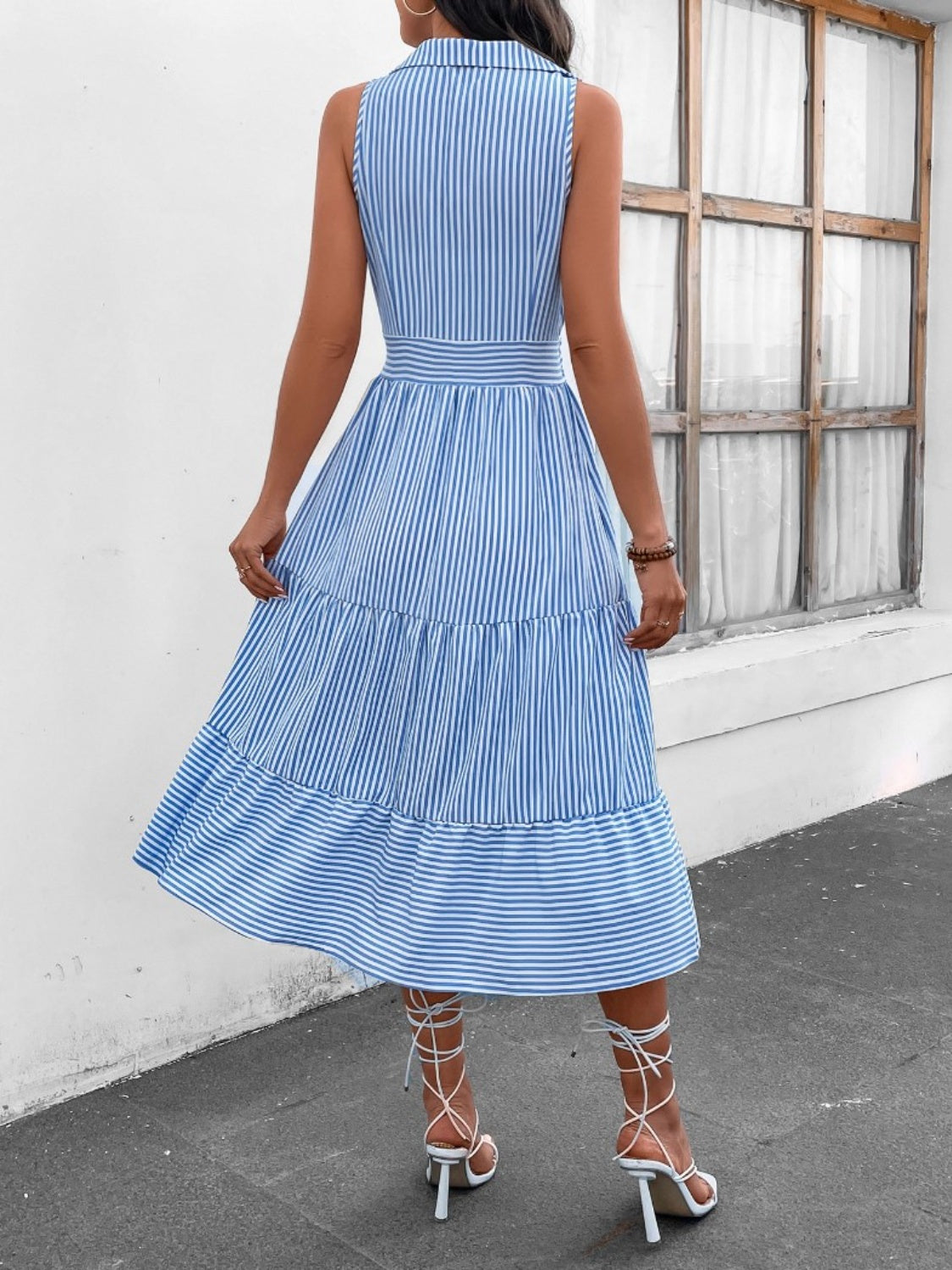 striped johnny collar sleeveless midi dress
