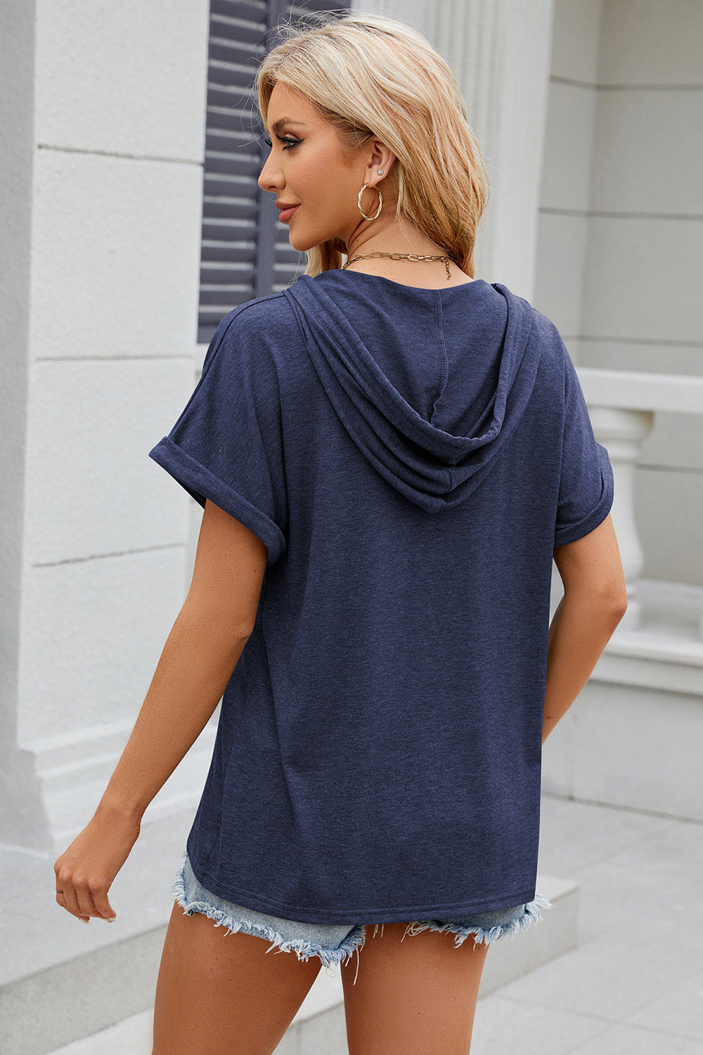 half button drawstring short sleeve hooded t-shirt