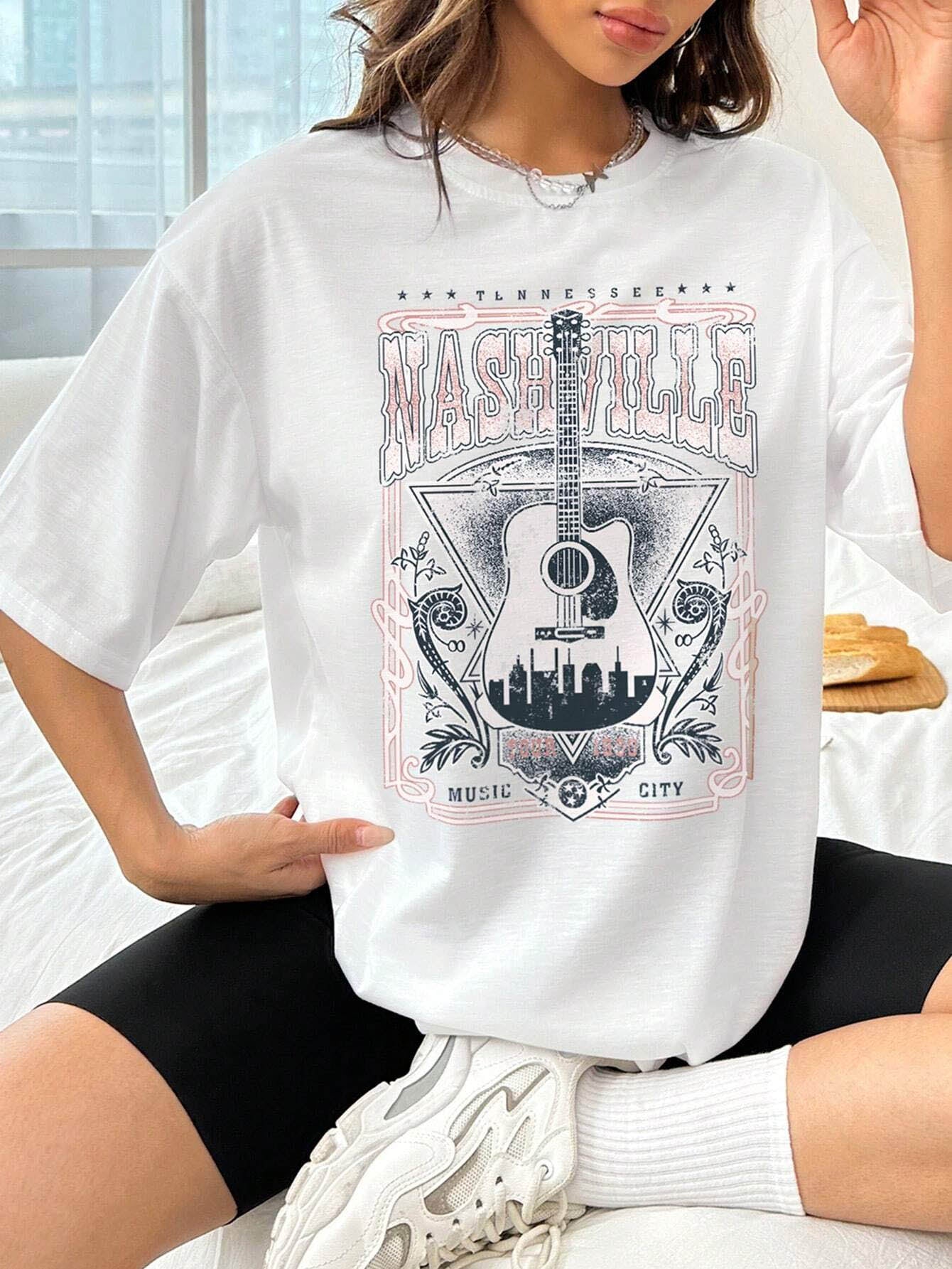 guitar graphic round neck half sleeve t-shirt
