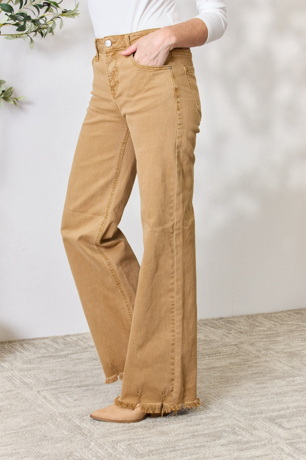 risen full size fringe hem wide leg jeans