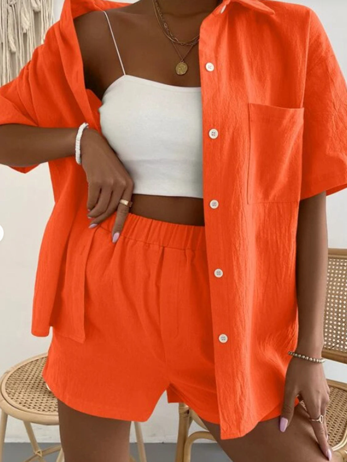 button up short sleeve shirt and shorts set