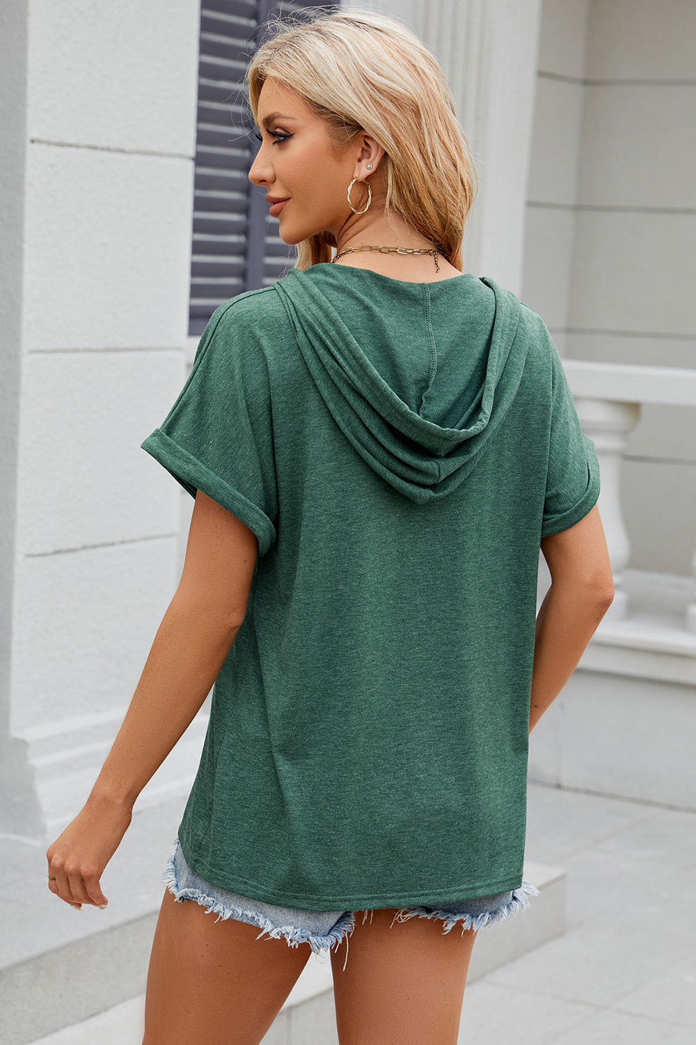 half button drawstring short sleeve hooded t-shirt