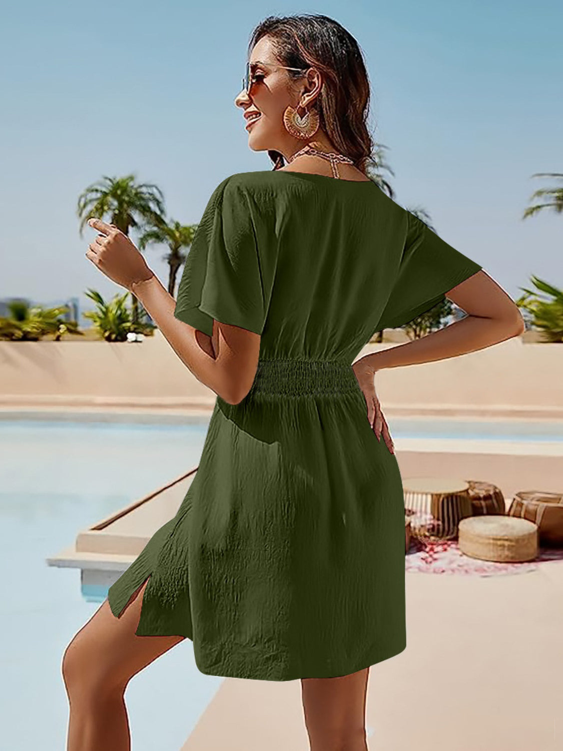 smocked v-neck short sleeve dress