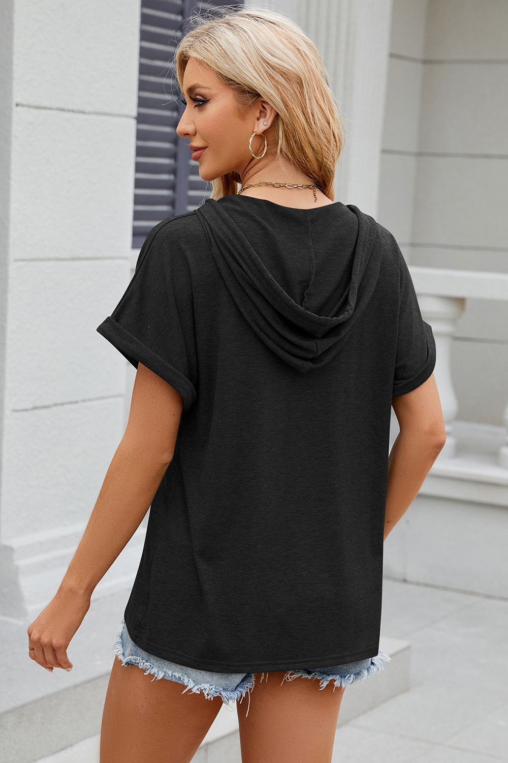 half button drawstring short sleeve hooded t-shirt