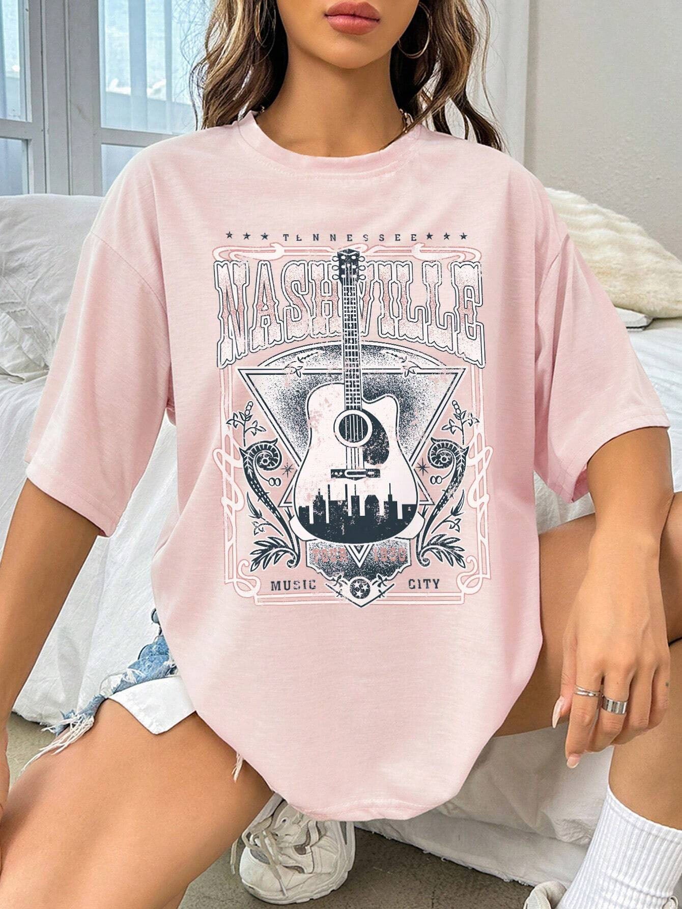 guitar graphic round neck half sleeve t-shirt