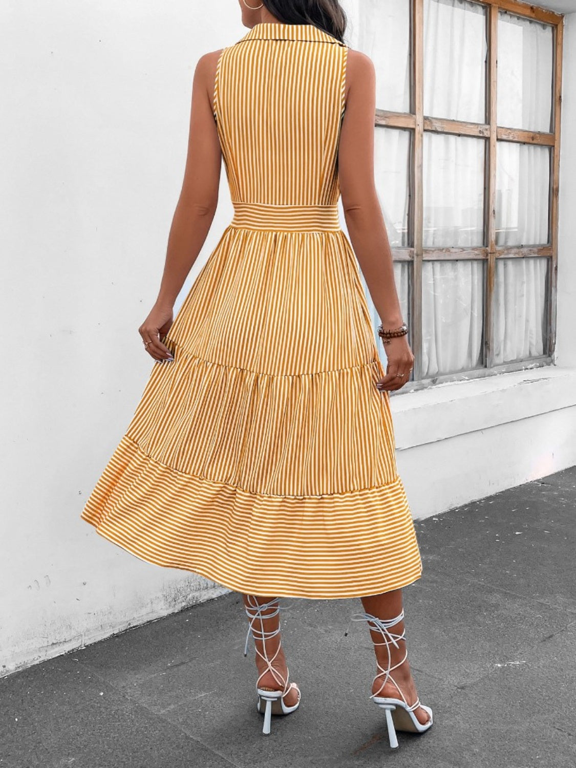 striped johnny collar sleeveless midi dress