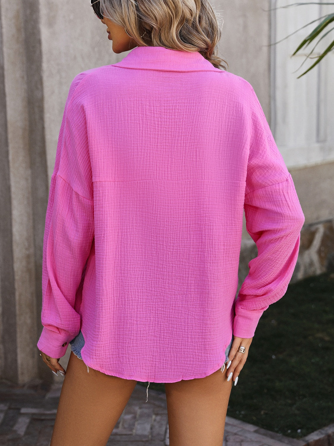 textured pocketed button up dropped shoulder shirt