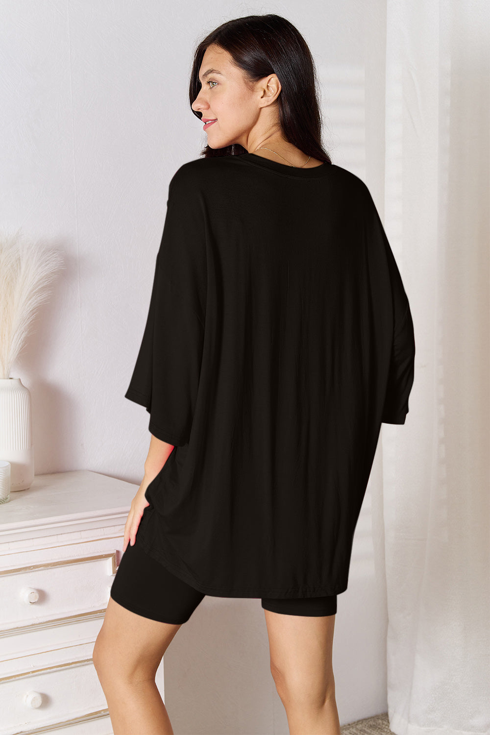 basic bae full size soft rayon three-quarter sleeve top and shorts set
