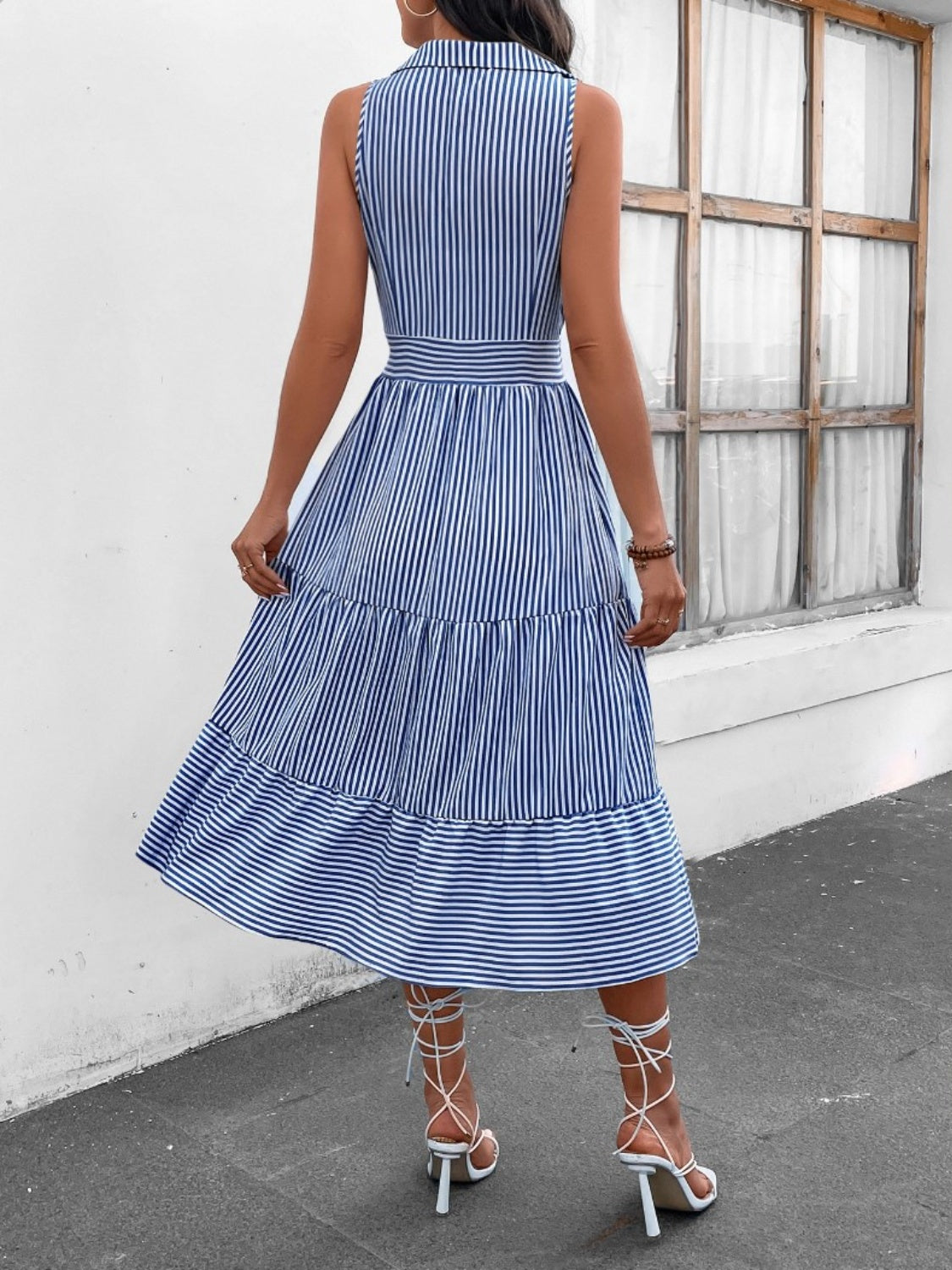 striped johnny collar sleeveless midi dress