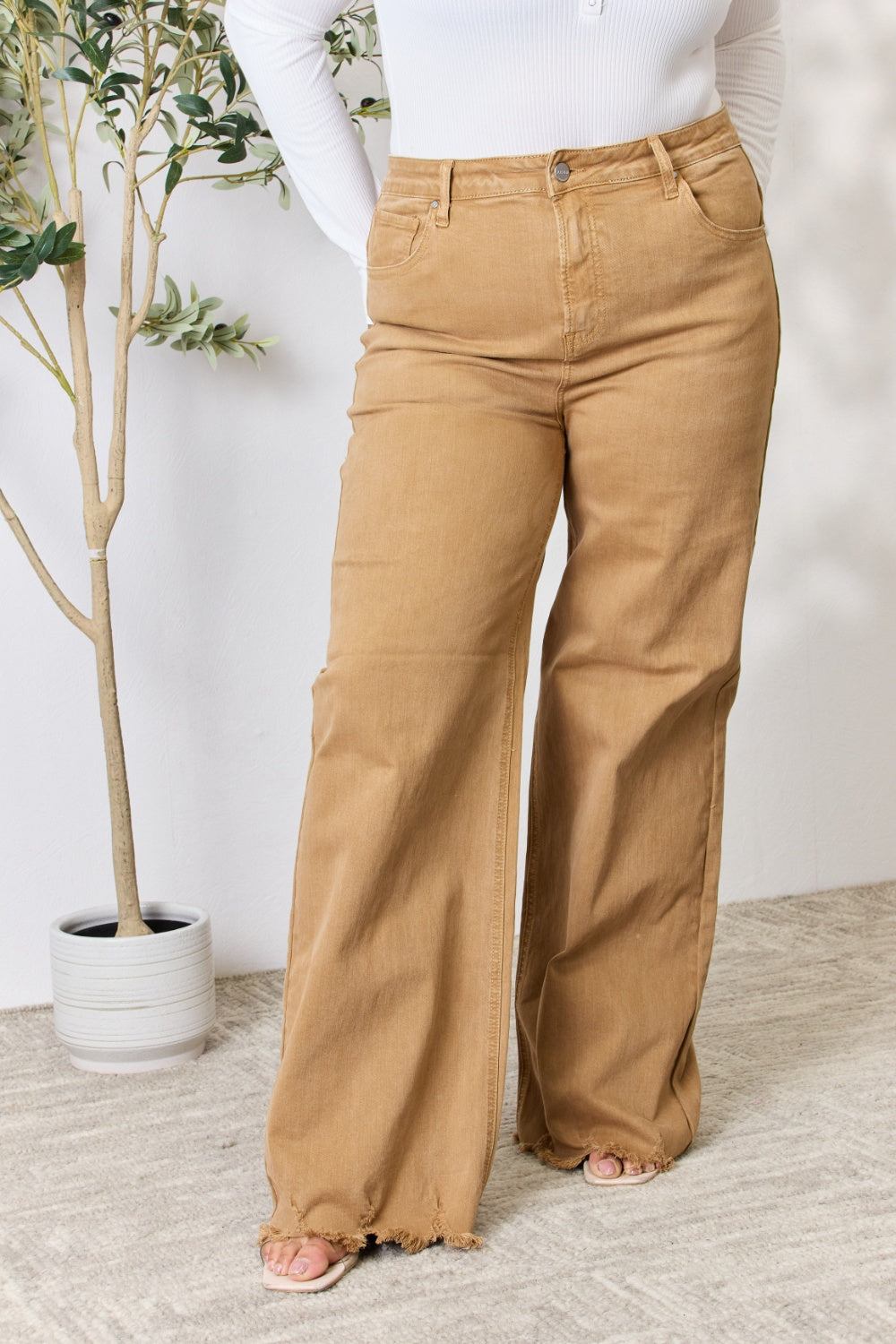 risen full size fringe hem wide leg jeans