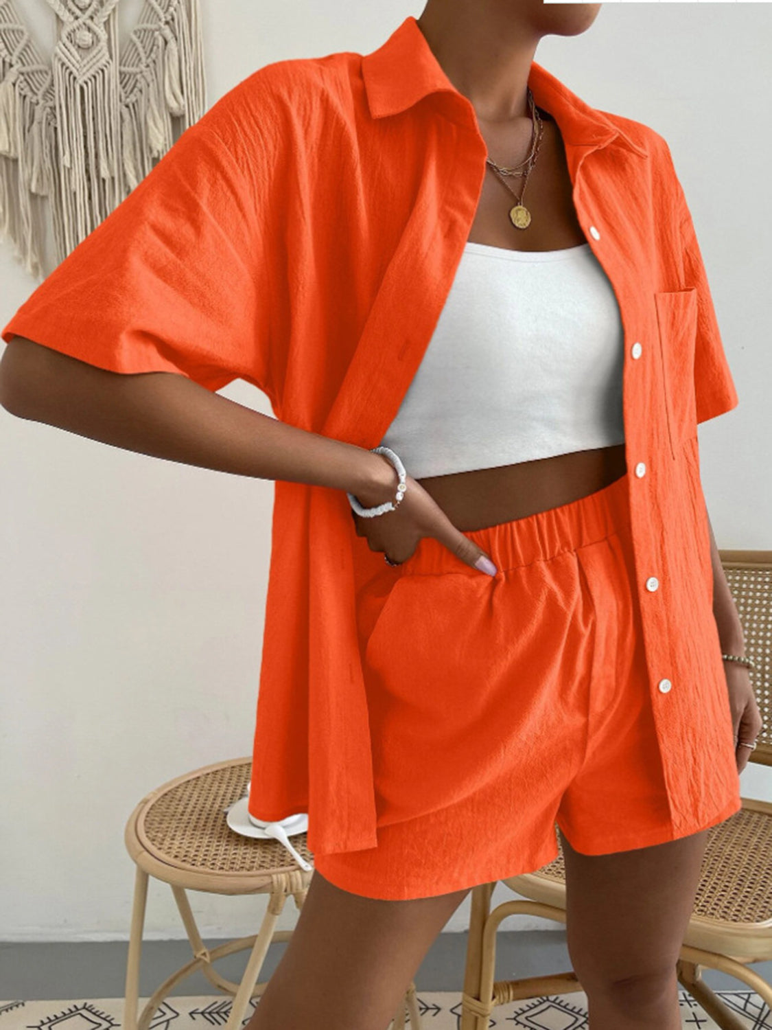 button up short sleeve shirt and shorts set