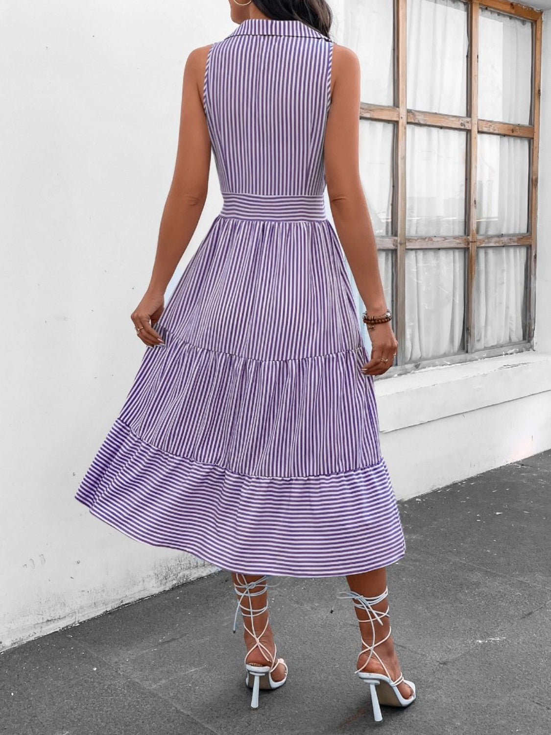 striped johnny collar sleeveless midi dress