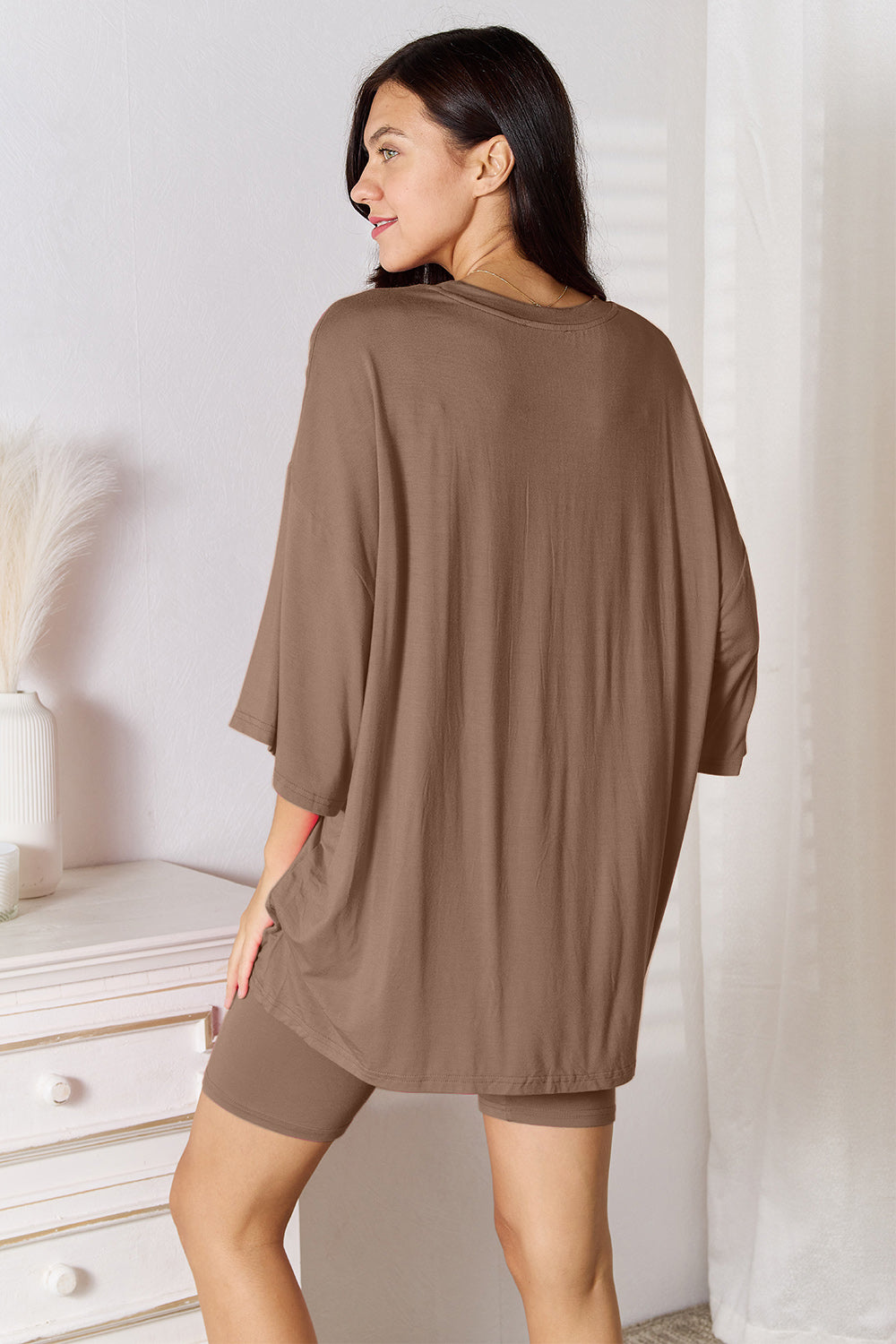 basic bae full size soft rayon three-quarter sleeve top and shorts set