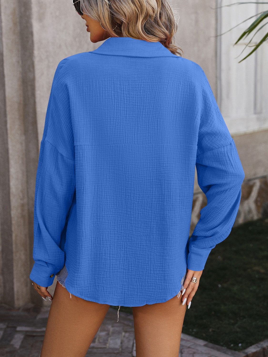 textured pocketed button up dropped shoulder shirt