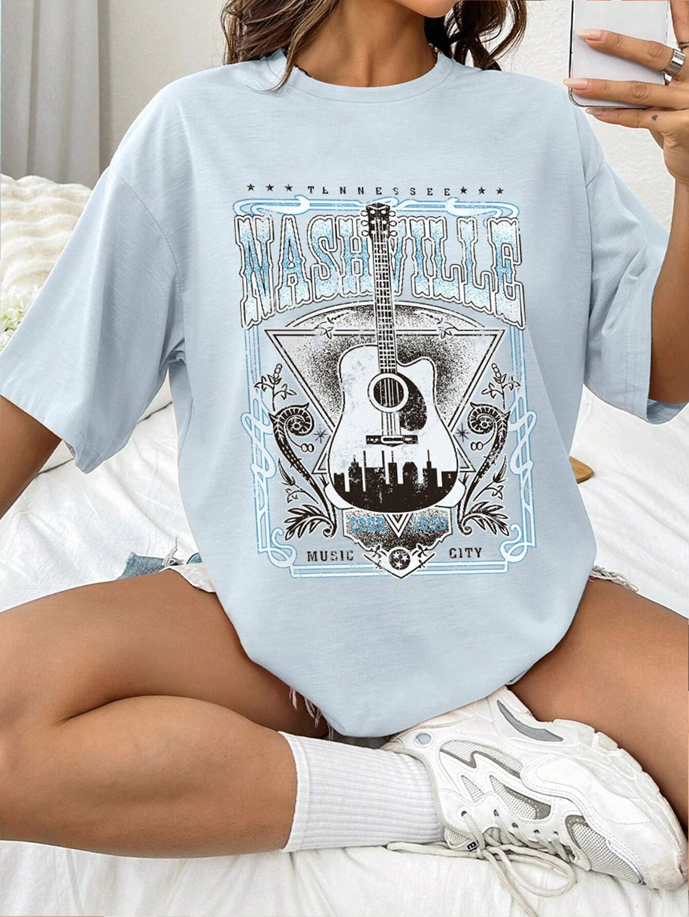 guitar graphic round neck half sleeve t-shirt