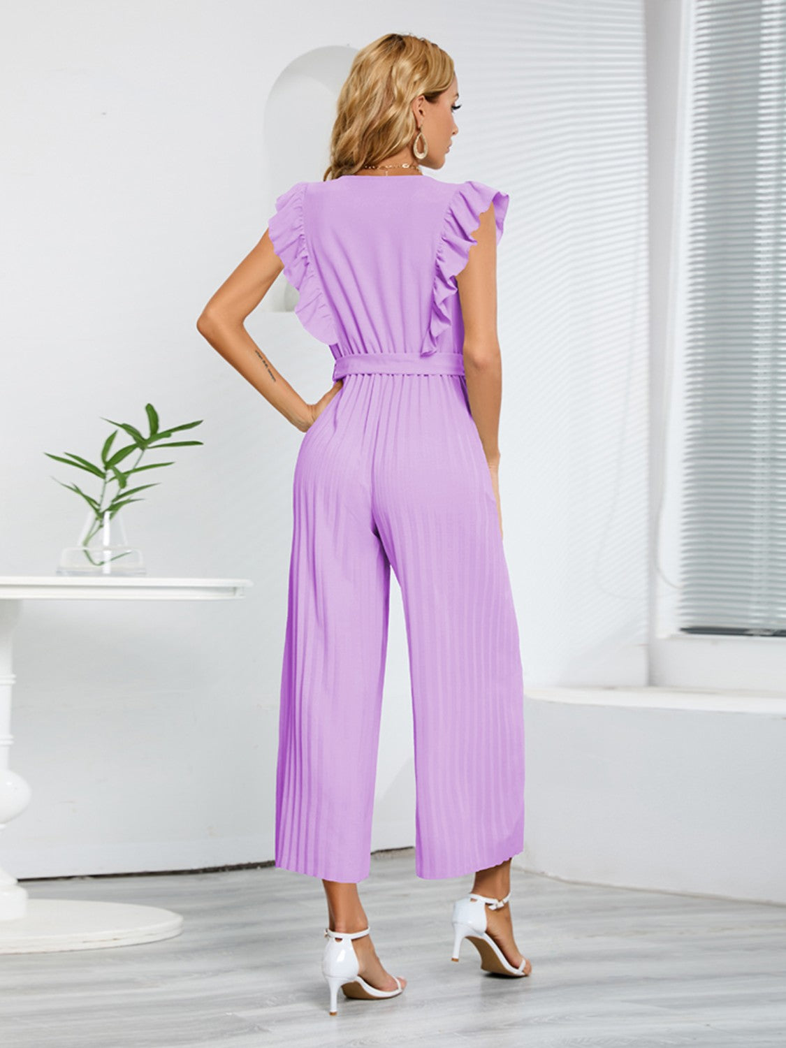 ruffled surplice cap sleeve jumpsuit