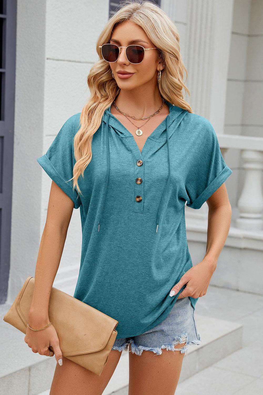 half button drawstring short sleeve hooded t-shirt