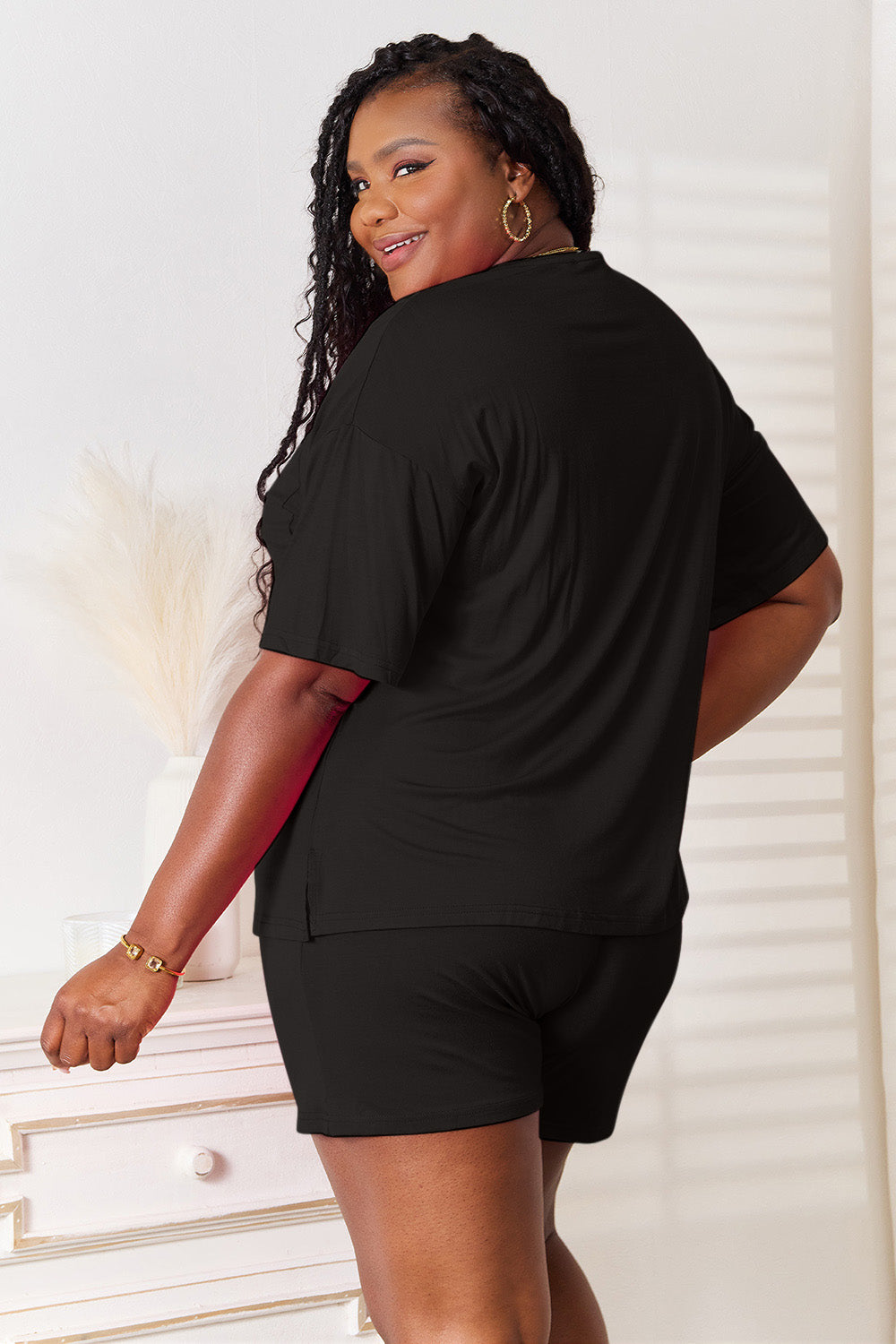 basic bae full size soft rayon half sleeve top and shorts set
