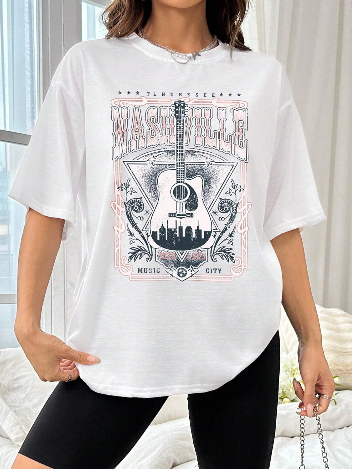 guitar graphic round neck half sleeve t-shirt