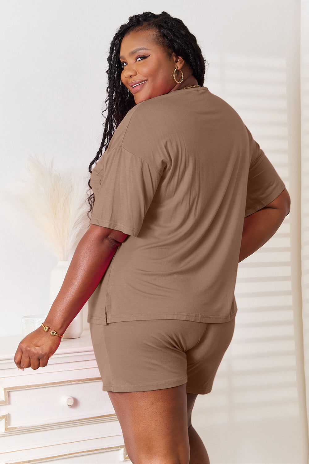 basic bae full size soft rayon half sleeve top and shorts set