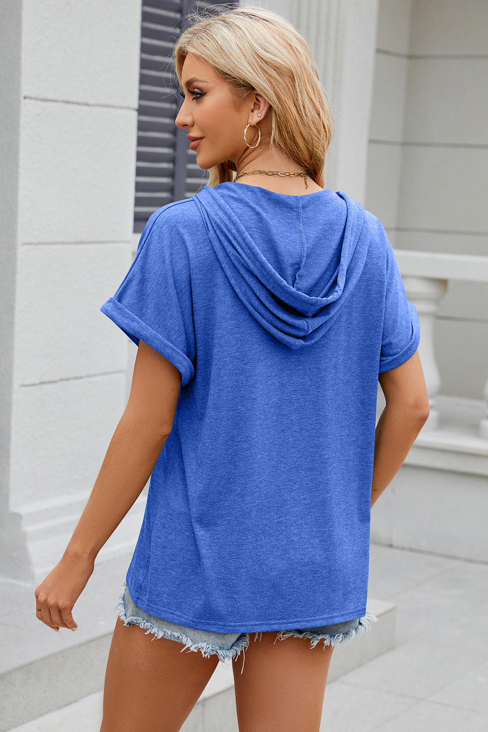 half button drawstring short sleeve hooded t-shirt