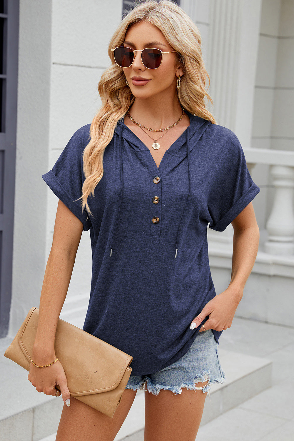 half button drawstring short sleeve hooded t-shirt