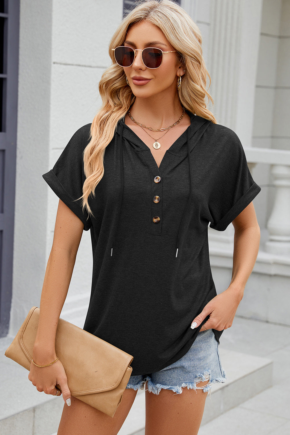 half button drawstring short sleeve hooded t-shirt