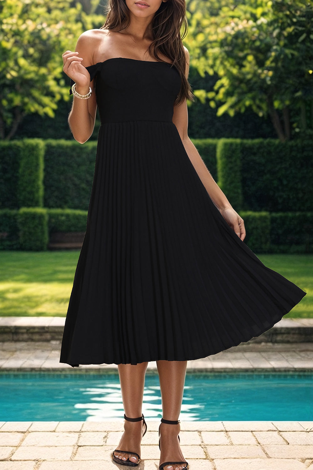 pleated off-shoulder midi dress