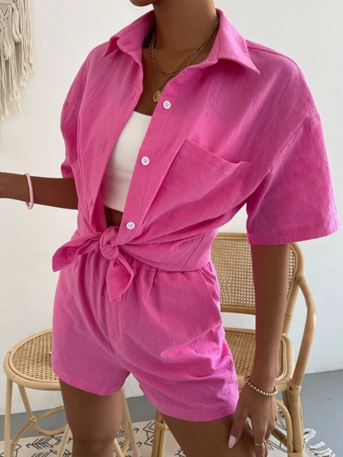 button up short sleeve shirt and shorts set