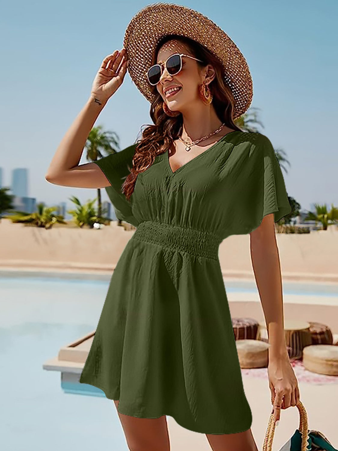 smocked v-neck short sleeve dress