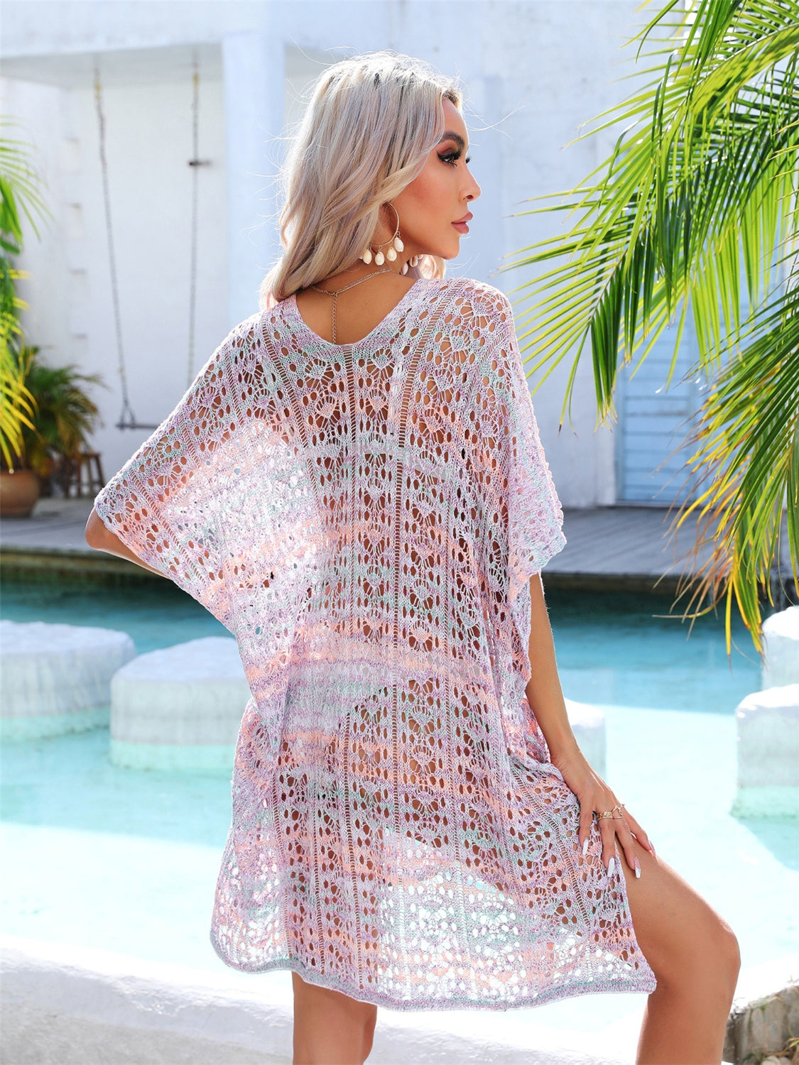 slit openwork v-neck cover up