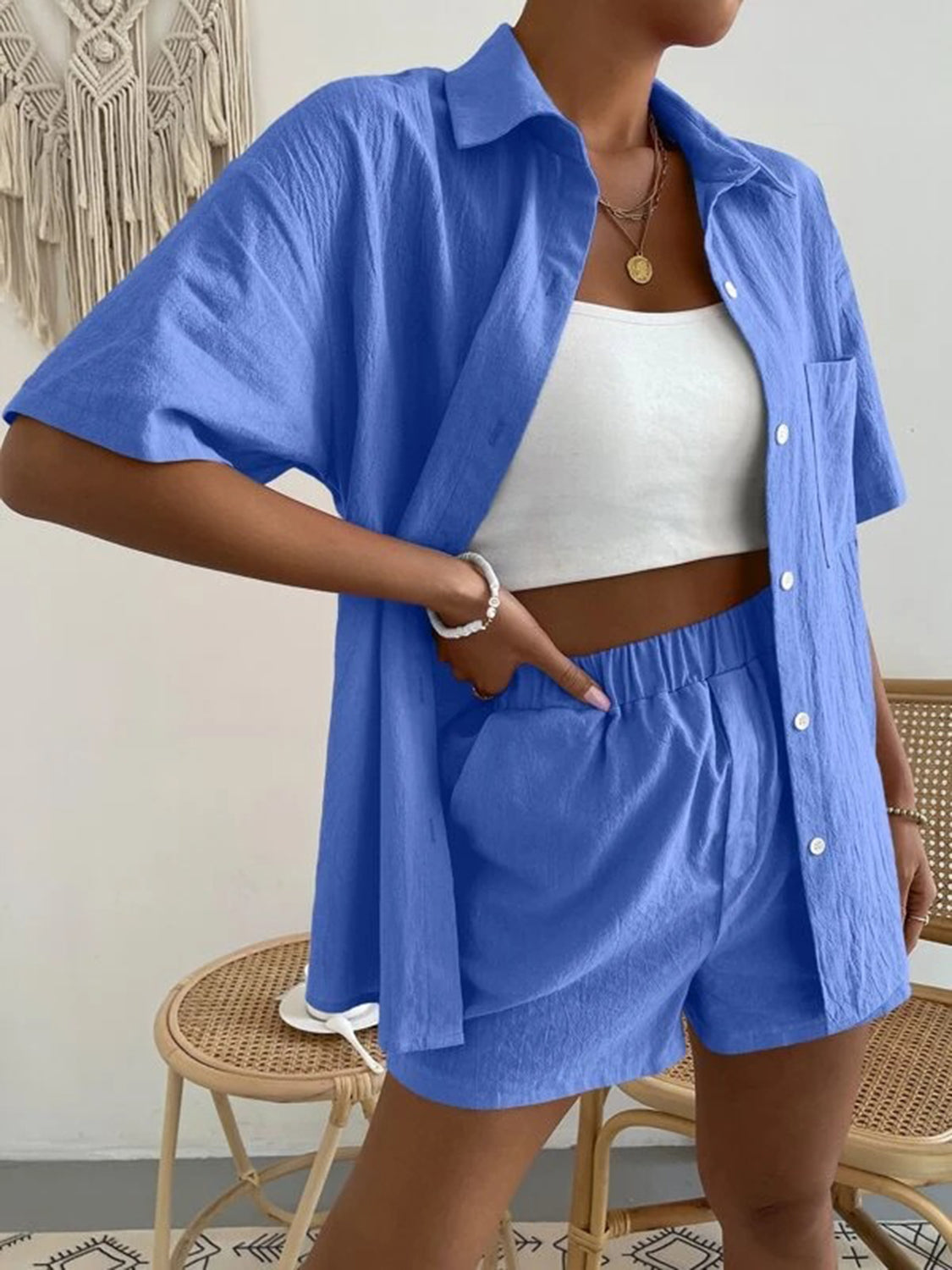 button up short sleeve shirt and shorts set