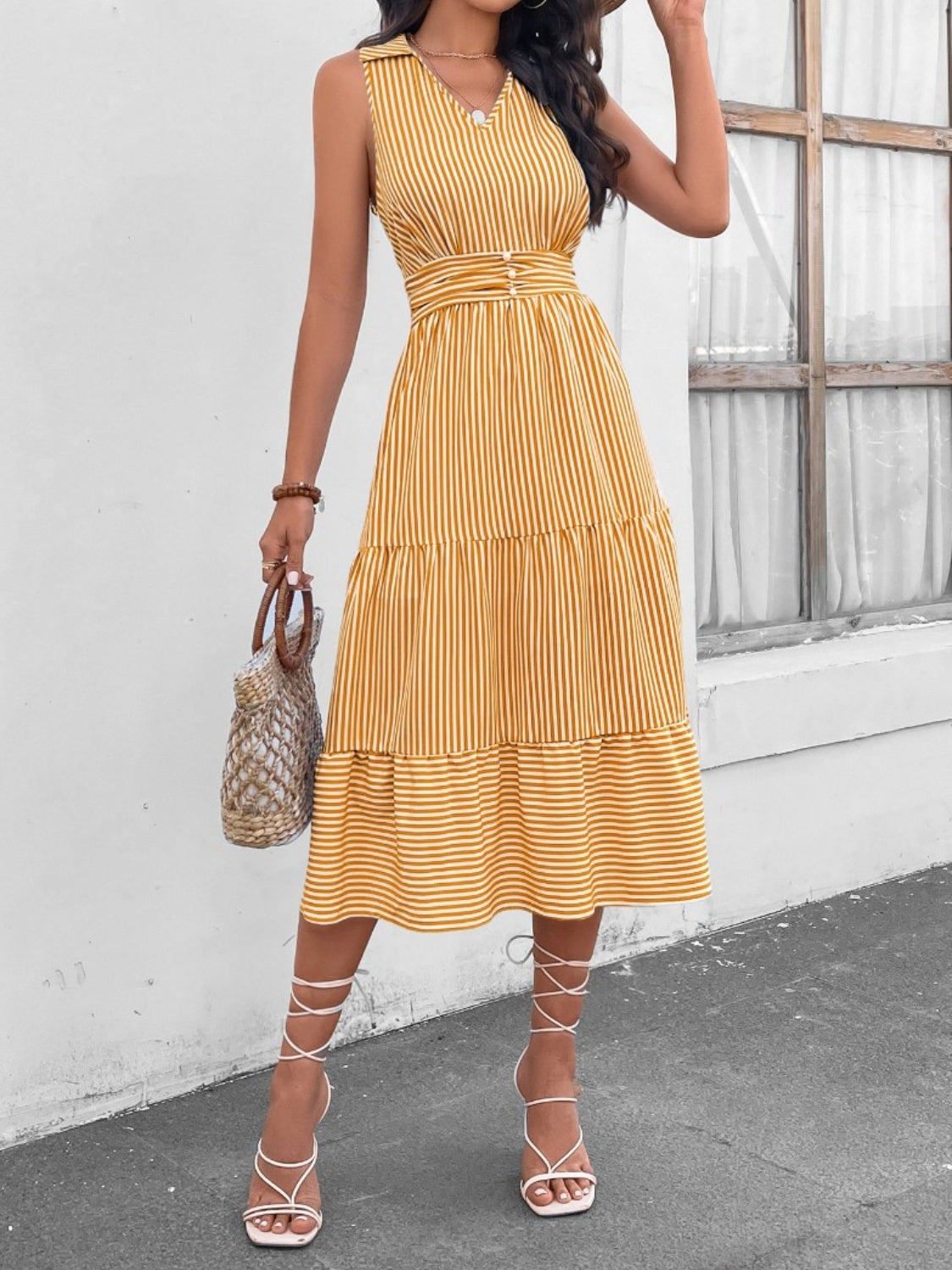 striped johnny collar sleeveless midi dress