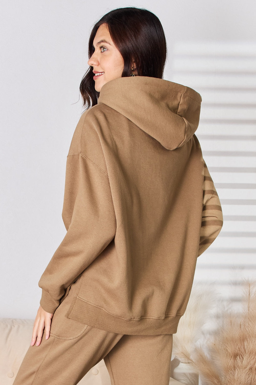 risen drawstring drop shoulder long sleeve hoodie