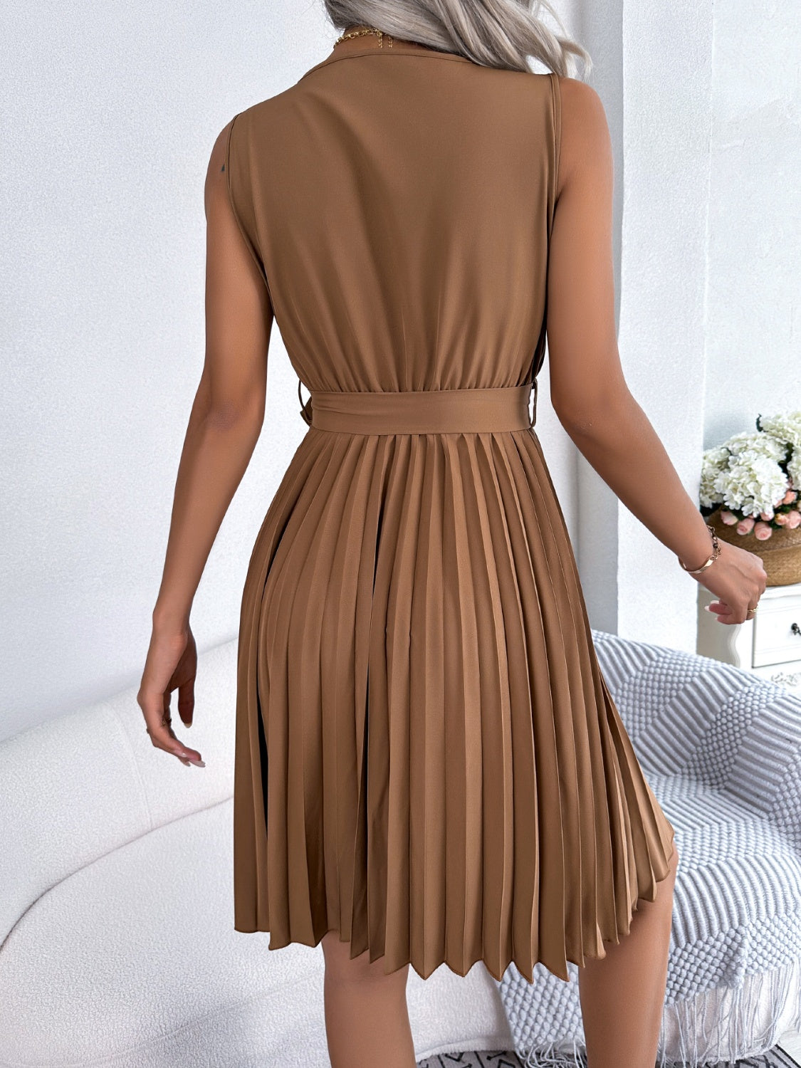tied surplice sleeveless pleated dress