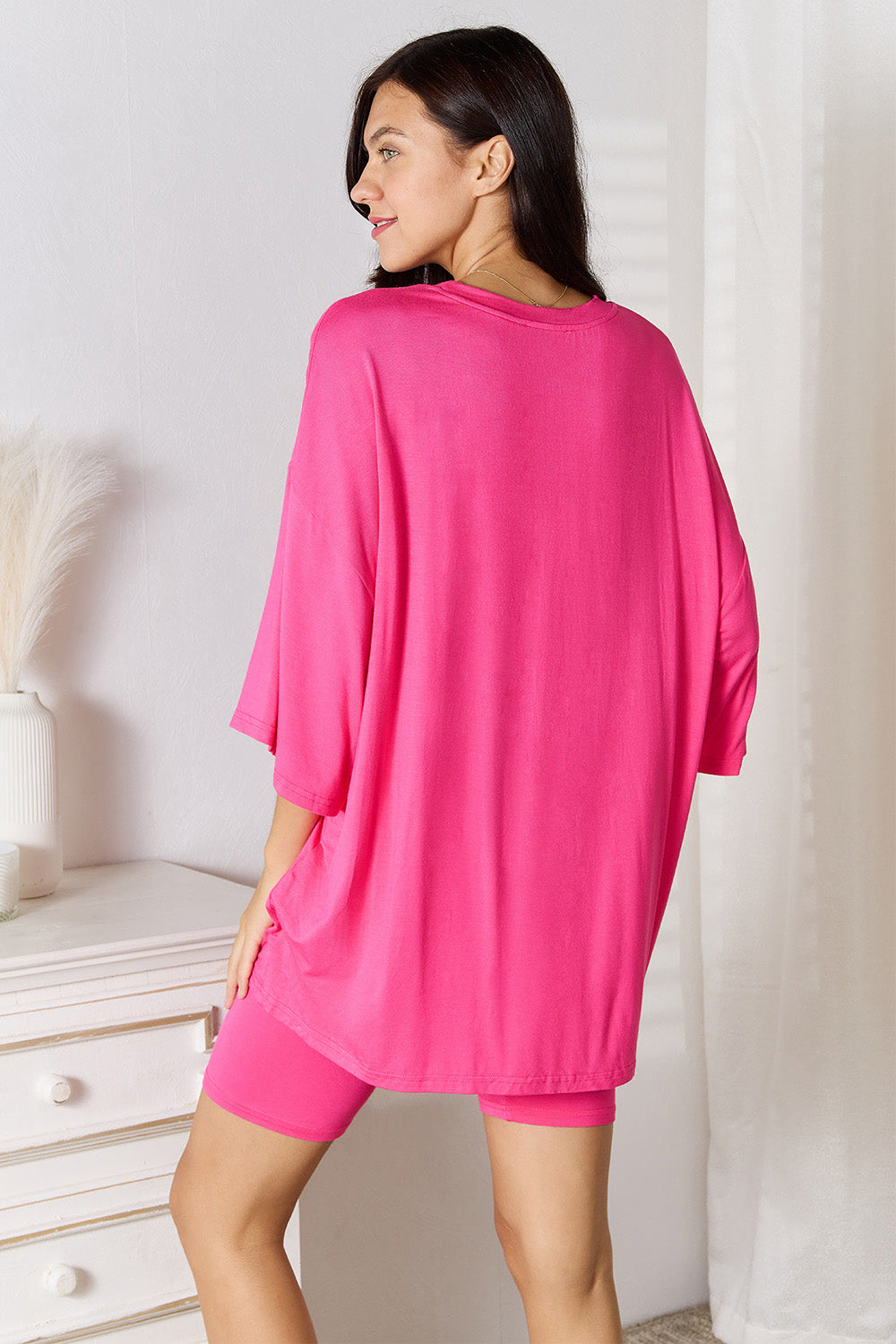 basic bae full size soft rayon three-quarter sleeve top and shorts set