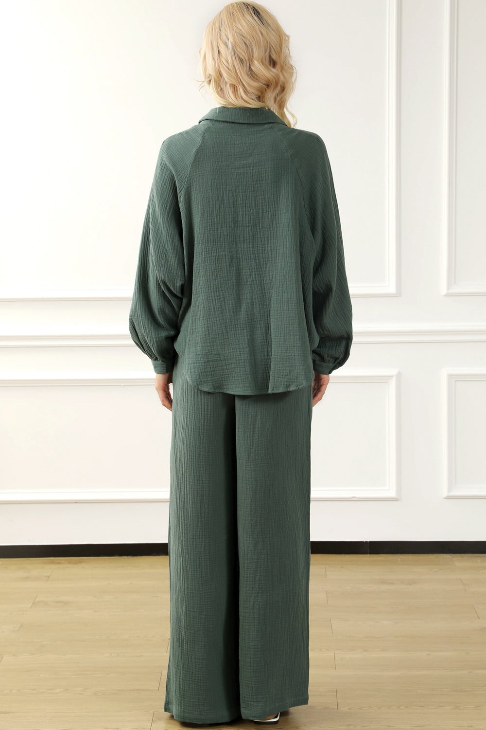 collared neck top and drawstring pants set