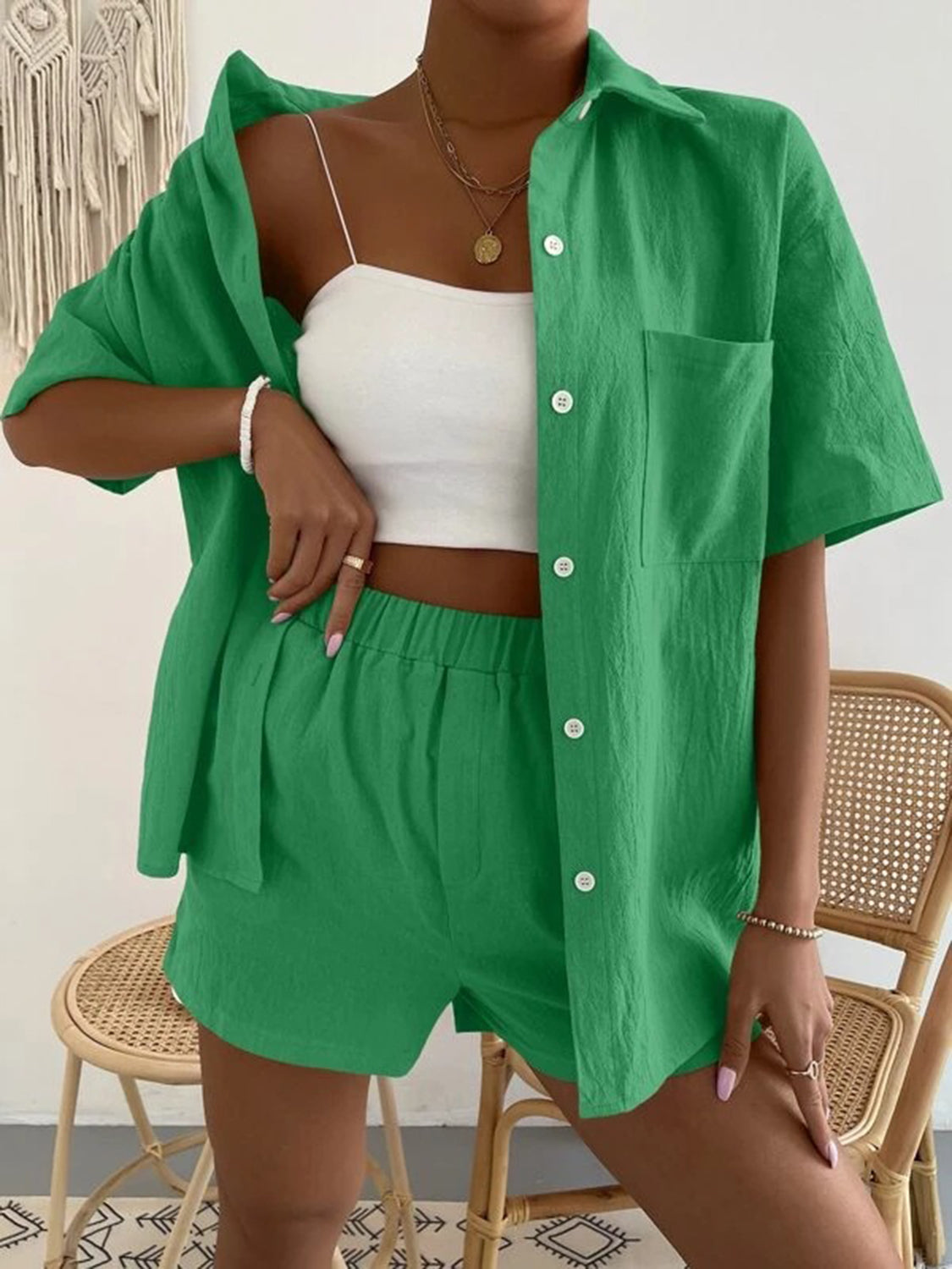 button up short sleeve shirt and shorts set