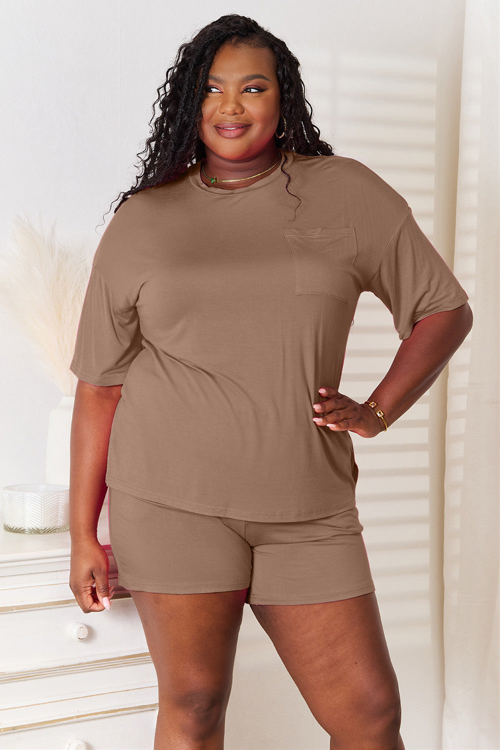 basic bae full size soft rayon half sleeve top and shorts set