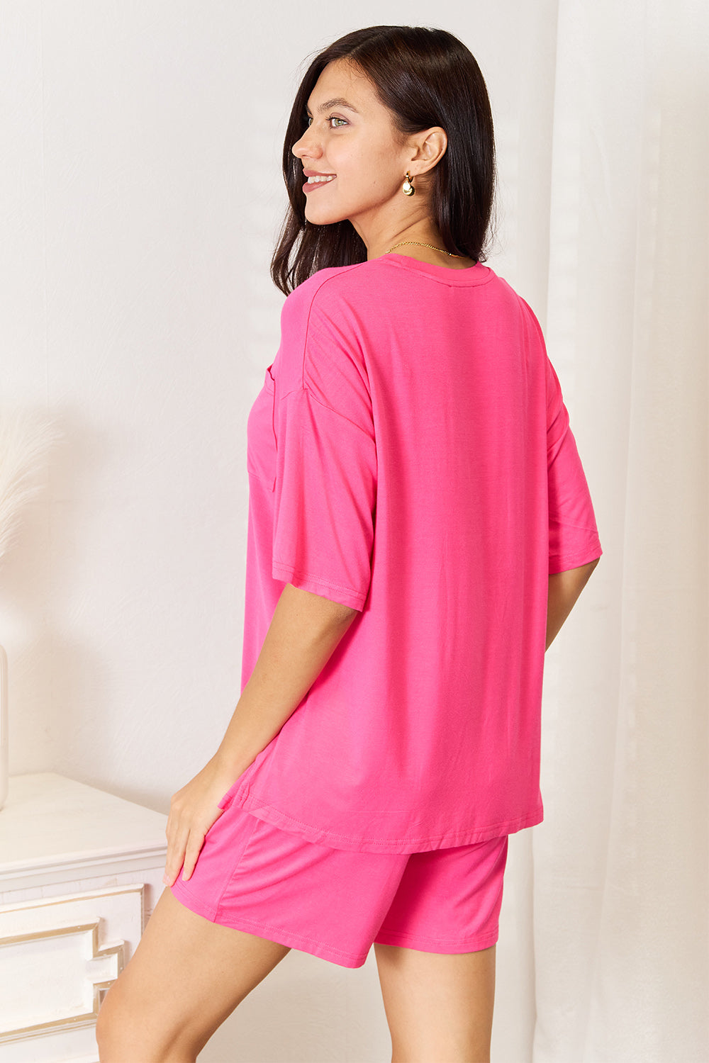 basic bae full size soft rayon half sleeve top and shorts set