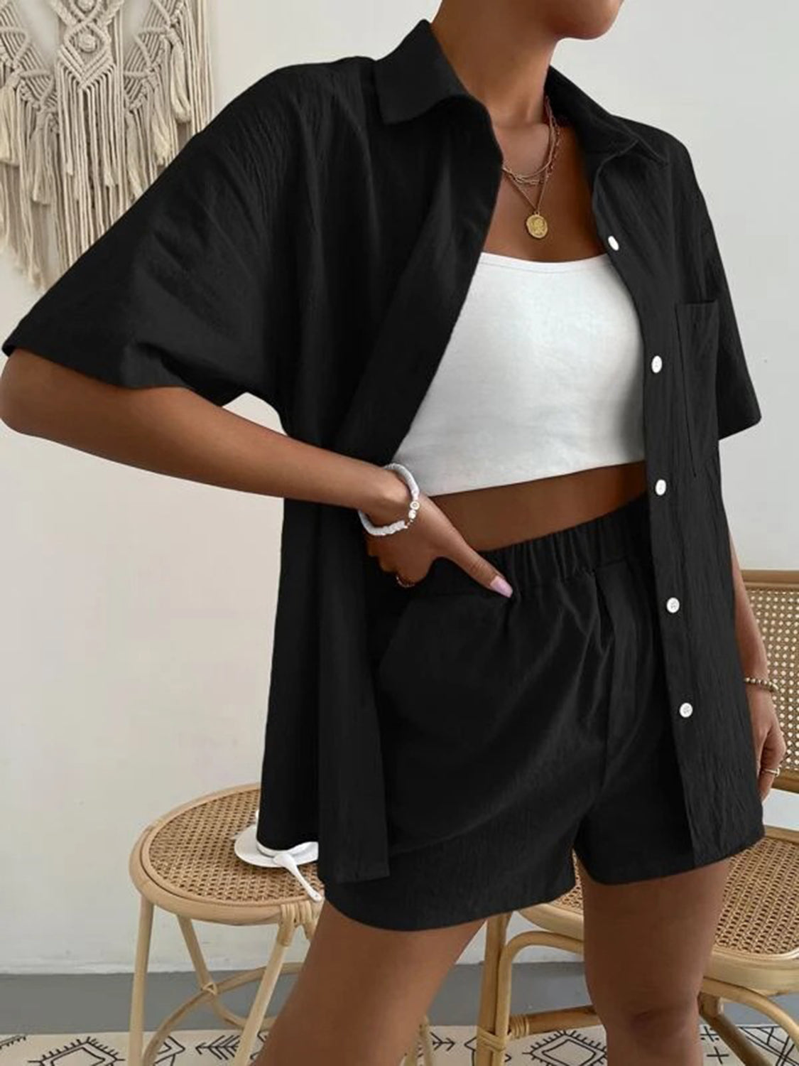 button up short sleeve shirt and shorts set