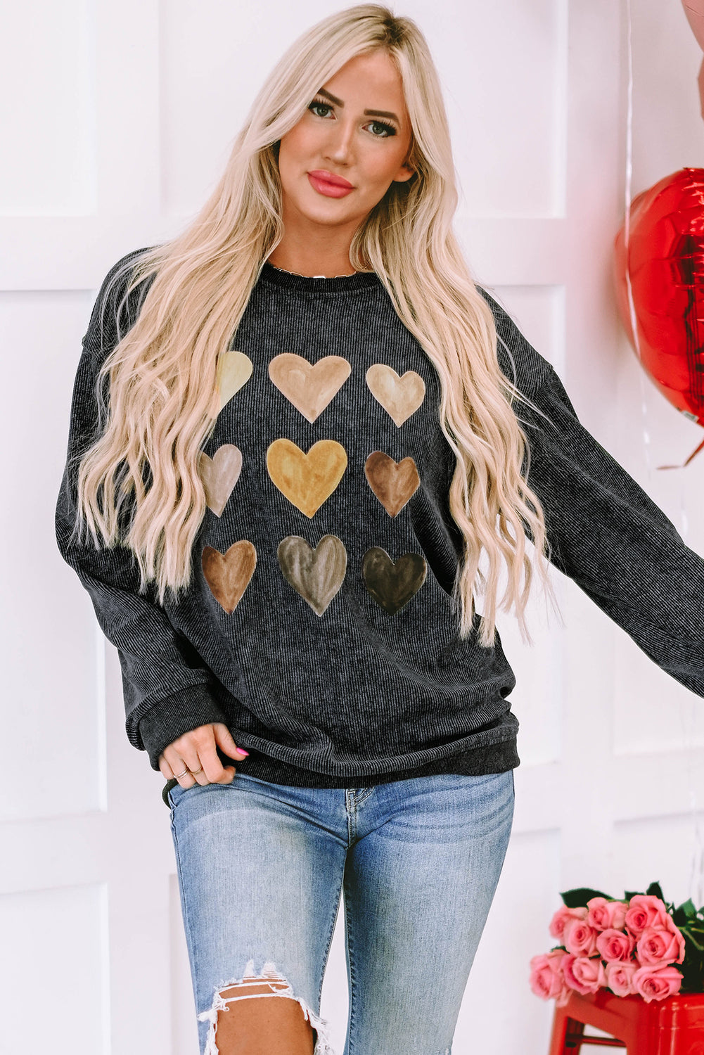 heart round neck dropped shoulder sweatshirt